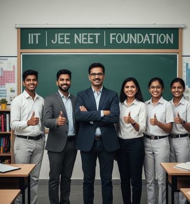 Group photo of smiling, confident Indian teachers and students standing together in a modern coachin