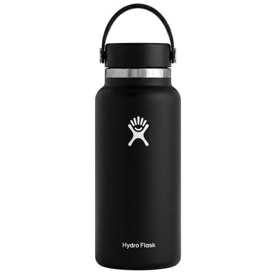 Black 32 oz Hydro Flask wide mouth vacuum insulated stainless steel water bottle with flex cap.