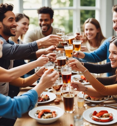 A group photo of happy attendees raising their glasses in a toast to community and good food.