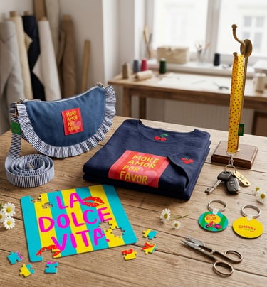 Colección Amor Retro: bolso vaquero, camiseta azul, llaveros Ciao Bella y puzzle La Dolce Vita.