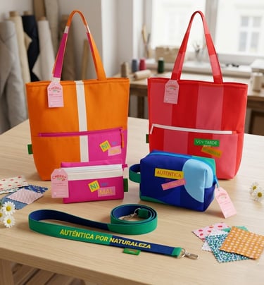 Colección Así Soy Yo: bolsos tote naranja y rojo, estuche fucsia y neceser azul Auténtica.
