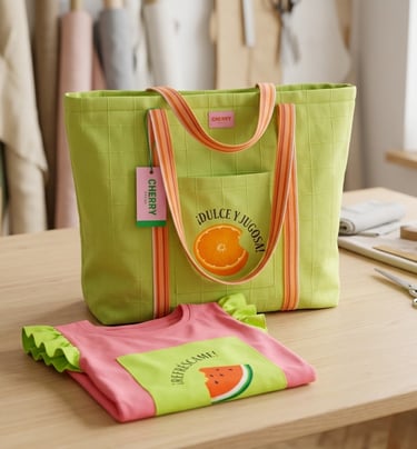 Colección Dame un Mordisco: bolso playa verde lima naranja jugosa y camiseta rosa sandía.