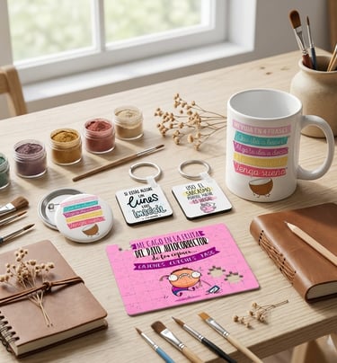 Colección Humor Supervivencia: taza Mi vida en 4 frases, llaveros y puzzle rosa pato.