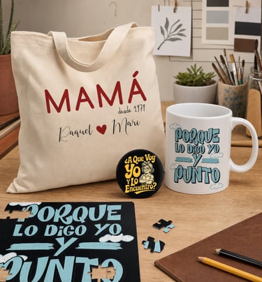 Colección Legado de Madre: tote bag Mamá personalizada, taza, chapa y puzzle Porque lo digo yo.