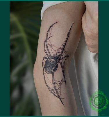 Realistic black widow spider tattoo with fine line details by a professional Da Nang tattoo shop