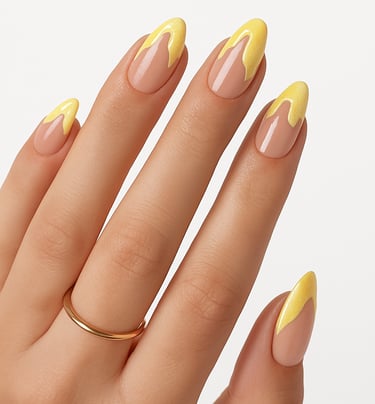 a women's hand with yellow designed press on nails
