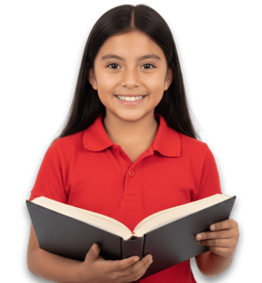 niña de 7 años peruana de educación primaria con un libro en manos