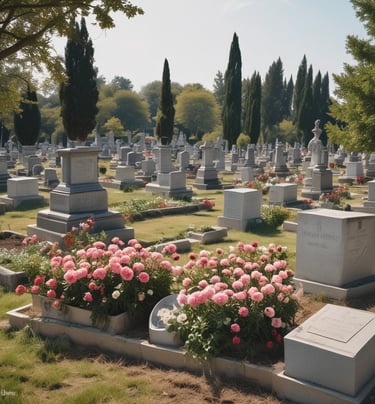 An aerial view of a cemetery features rows of graves with various tombstones, ranging from simple to more elaborate designs. Many plots have flowers, vases, and decorative items placed on them. The ground between the graves is covered in gravel and there are small patches of greenery.
