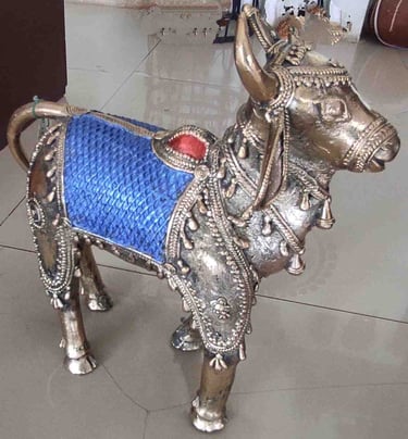 "Handcrafted brass standing bull–blue patterned tribal decor-Export-oriented"