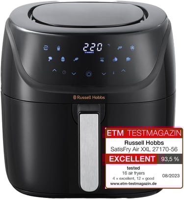 a black and white air fryer with a clock on it
