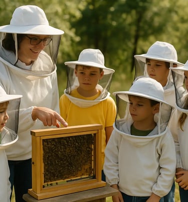 Grupo de crianças em atividade educativa sobre abelhas na natureza.