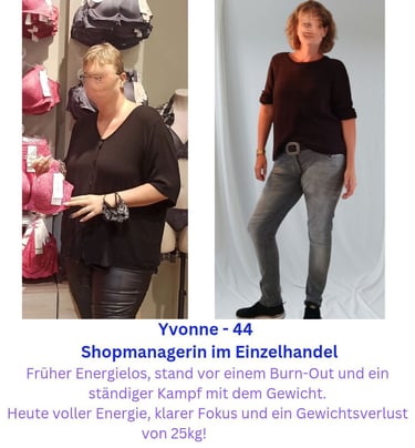 Vorher-Nachher-Bild von Yvonne, 44 Jahre, Shopmanagerin im Einzelhandel. Links vor der Transformatio