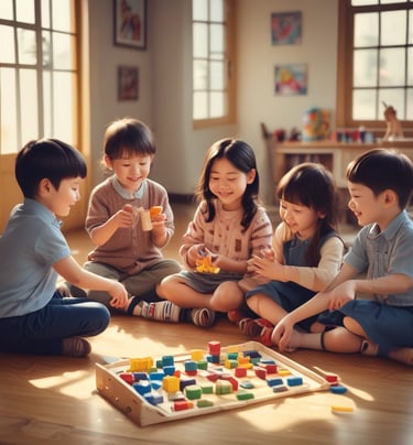 A group of young children engaged in playful learning activities in a bright classroom.
