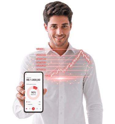 Investidor sorridente segura celular com saldo de R$ 1.000. Projeção holográfica vermelha de Fibonacci acima da tela