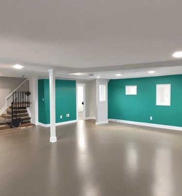 Interior living room walls painted in a warm beige tone with a perfectly matched accent wall in soft teal, demonstrating expert color matching.