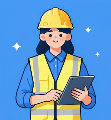 Female civil engineer wearing a white hard hat and plaid shirt at a building construction site.