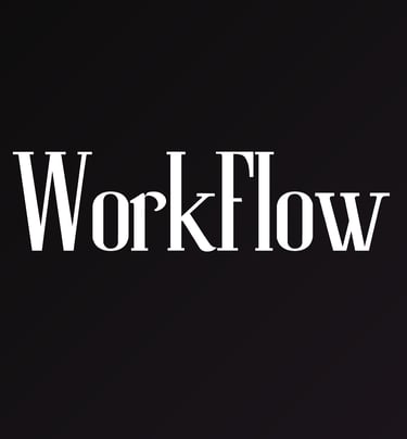 Logo con testo WorkFlow in caratteri serif bianchi visualizzato su uno sfondo nero scuro