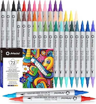 A set of 72 Artecho dual-tone acrylic brush pens in vibrant colors for art and calligraphy.
