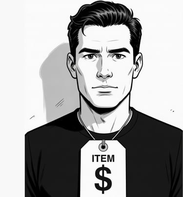 male cartoon with tag around his neck