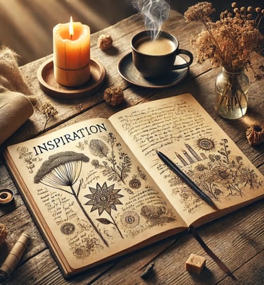 Cozy creative journal with floral sketches, candlelight, coffee, and inspiration for mindful writing