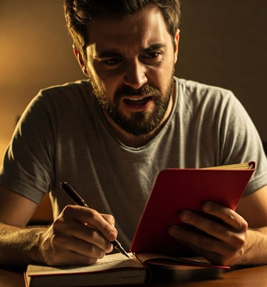 a man with a pen and notebook in his hand