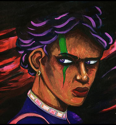 Acrylic painting of a fierce warrior woman with purple hair and green facial stripe.