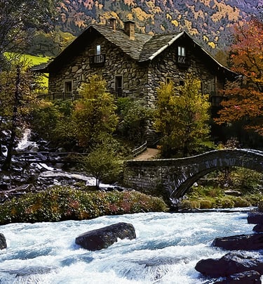 Acrylic and Gouache painting of a rustic mountain house by a rushing river with a small stone bridge