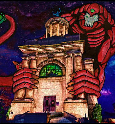 Surreal painting of a giant red monster gripping a classic stone building under a starry night