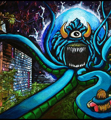 Surreal acrylic art of a giant blue tentacled monster with one eye attacking a woman at night
