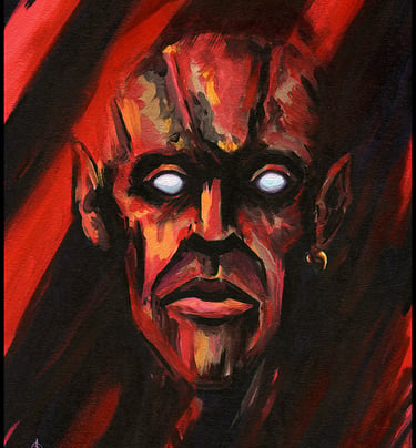 Dark fantasy acrylic painting of a demonic face with glowing white eyes and red brushstrokes