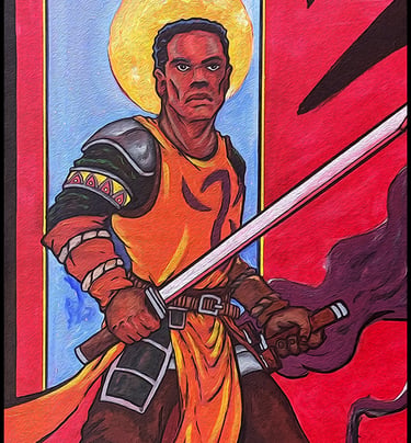 Acrylic painting of a Black knight holding a sword & dagger with a golden sun halo background