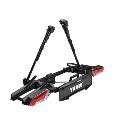 Thule towbar mounted bike rack unfolded and ready for two bicycles.