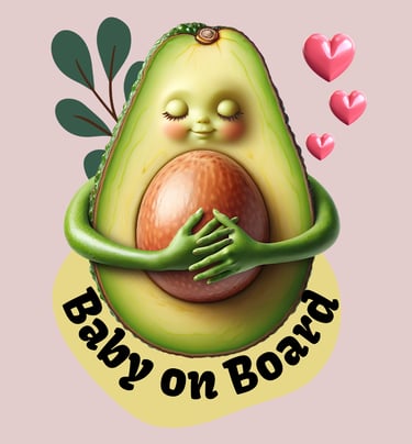 Cute avocado with a baby face hugging its seed, hearts floating above.