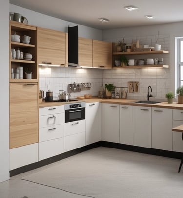 Wood-finish modular kitchen with granite countertop