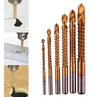 Six golden HSS titanium saw drill bits for woodworking, metal, and plastic cutting.