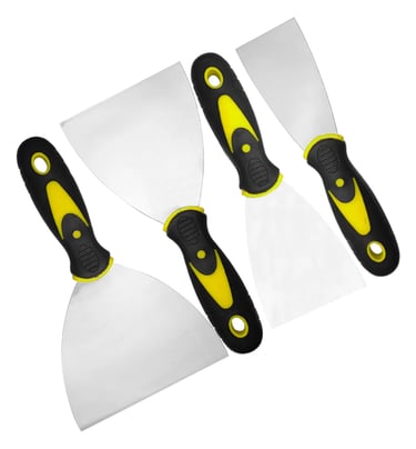 Set of four stainless steel putty knives with ergonomic yellow and black handles for home repair.