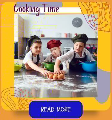 Kids cooking time. Three children in a kitchen taking eggs for a recipe wearing chefs hats & aprons.
