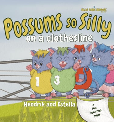 Children's book cover for Possums so Silly on a Clothesline featuring colorful cartoon opossums.