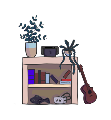 Drawers wit plant, nintendo switch, VR, and ukulele