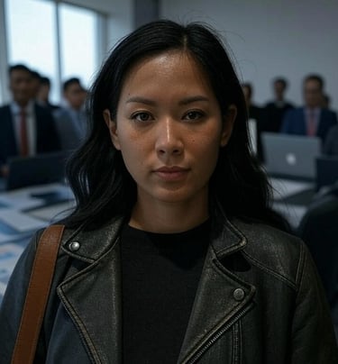 a woman in a leather jacket and a man in a suit