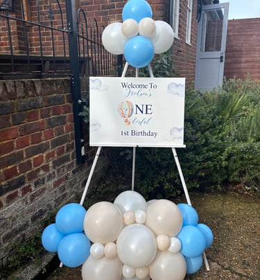 Welcome easel hire with balloons Sussex Surrey Kent