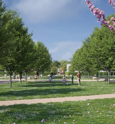 Espaces verts du Domaine du Parc à Belbeuf avec promenade paysagère et environnement résidentiel ver