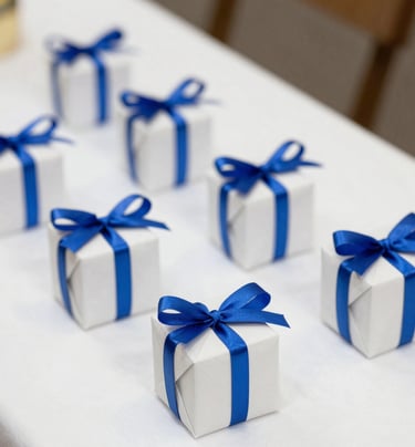 Elegant wrapped wedding gift with soft blue ribbon on a light beige background.