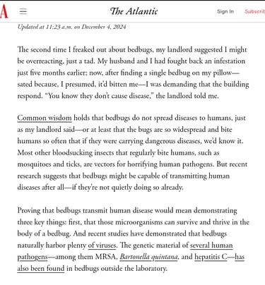 Article about the many pathogens that Bedbugs have been proven to carry.