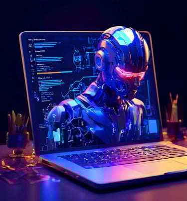 Robô cibernético saindo de uma tela de laptop com esquemas técnicos ao fundo