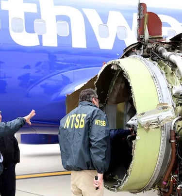 NTSB investigators examine a damaged Southwest Airlines jet engine after a failure.