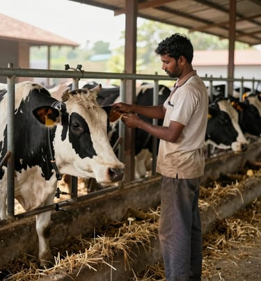 Wide medium shot of a working Indian dairy farm at midday, a farm worker in practical clothing examining a cow's ear closely, dusty straw-covered floor, natural north-facing shed light, no styling, documentary framing