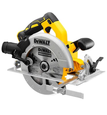 Yellow and black DeWalt cordless circular saw with a carbide-tipped blade for construction.