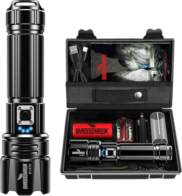 Shadowhawk Linterna LED 500,000 Lúmenes, recargable color negro con kit de accesorios