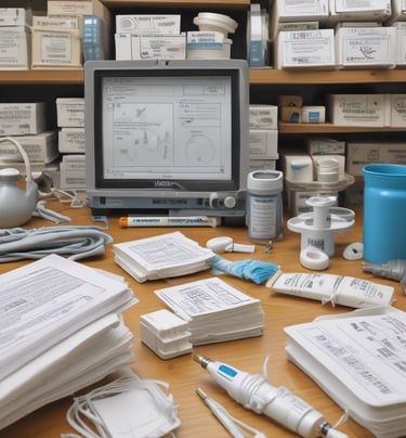 Close-up of surgical gloves and syringes in a clinical setting.